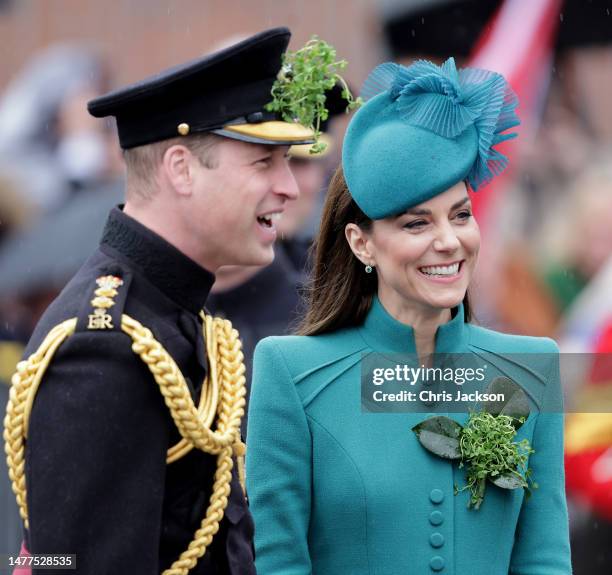 Catherine, Princess of Wales and Prince William, Prince of Wales attend the St. Patrick's Day Parade at Mons Barracks on March 17, 2023 in Aldershot,...