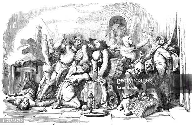 group of men looting a house - looting stock illustrations