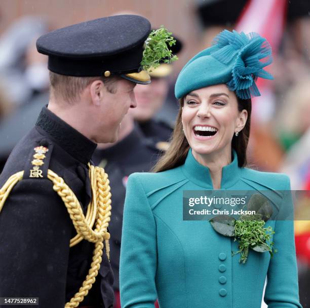 Catherine, Princess of Wales and Prince William, Prince of Wales attend the St. Patrick's Day Parade at Mons Barracks on March 17, 2023 in Aldershot,...