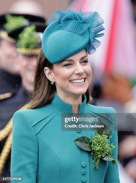 Catherine, Princess of Wales attends the St. Patrick's Day Parade at Mons Barracks on March 17, 2023 in Aldershot, England. Catherine, Princess of...