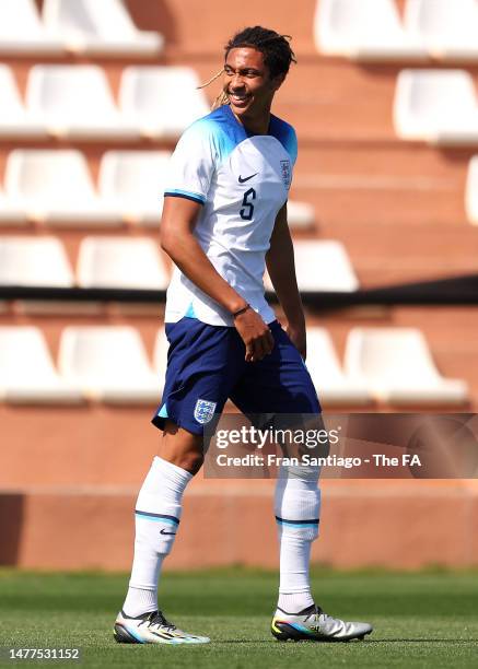 Bashir Humphreys of England celebrates after scoring the team's first goal during the International Friendly match between England U20 and France U20...