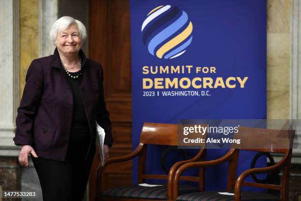 Secretary of the Treasury Janet Yellen arrives to deliver opening remarks during an event highlighting “anti-corruption work as a cornerstone of a...