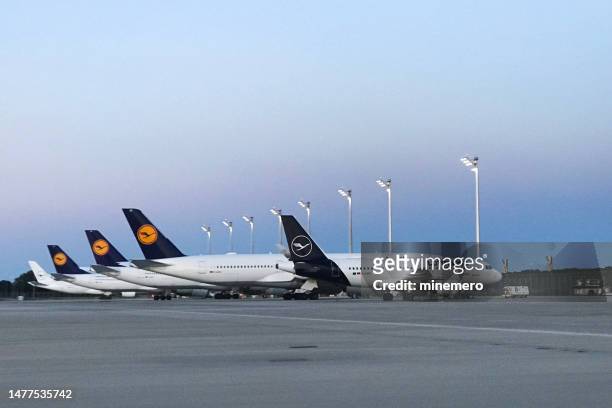 lufthansa planes parked at munich airport, munich, germany - munich airport stock pictures, royalty-free photos & images