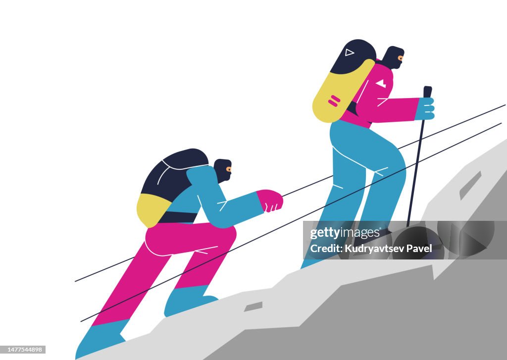 Climbers and hikers in the mountains climb the tourist trail, flat vector.