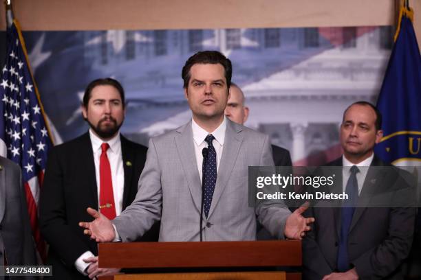 Rep. Matt Gaetz speaks at a press conference on the debt limit and the Freedom Caucus's plan for spending reduction at the U.S. Capitol on March 28,...