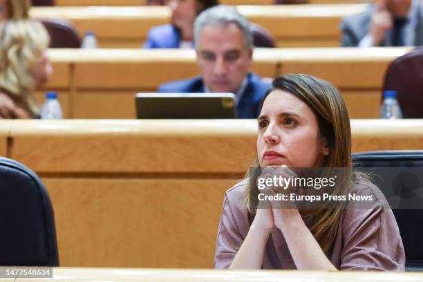 The Minister of Equality, Irene Montero, during a control session to the Government in the Senate, on 28 March, 2023 in Madrid, Spain. The Government...