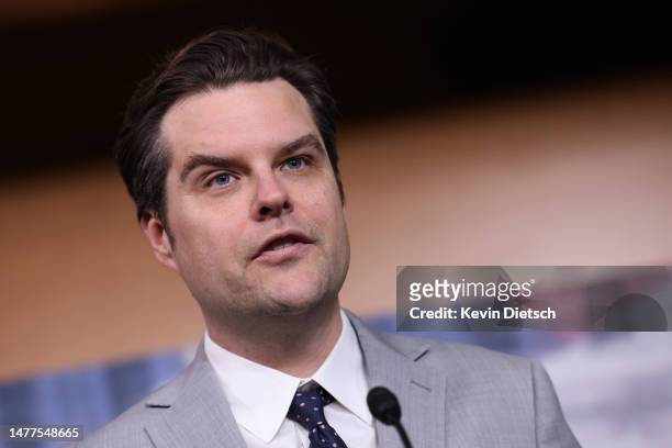 Rep. Matt Gaetz speaks at a press conference on the debt limit and the Freedom Caucus's plan for spending reduction at the U.S. Capitol on March 28,...