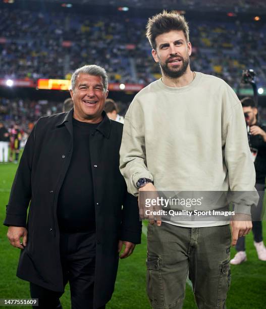 Gerard Pique, President of Kings League and Joan Laporta, President of FC Barcelona attend the Final Four of the Kings League Tournament 2023 at...