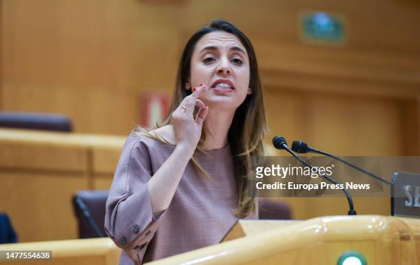 The Minister of Equality, Irene Motero, speaks during a control session to the Government in the Senate, on 28 March, 2023 in Madrid, Spain. The...