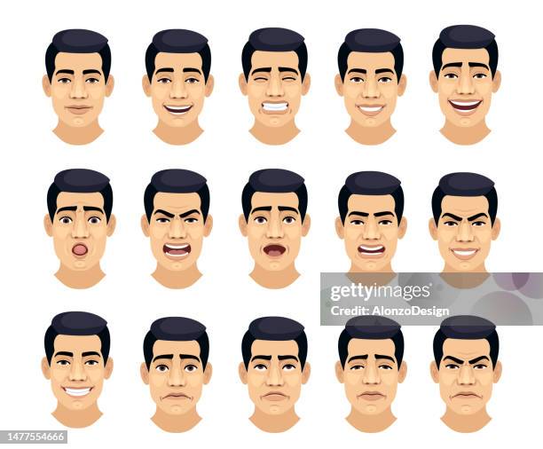 young man facial emotions set. - multiple image template stock illustrations