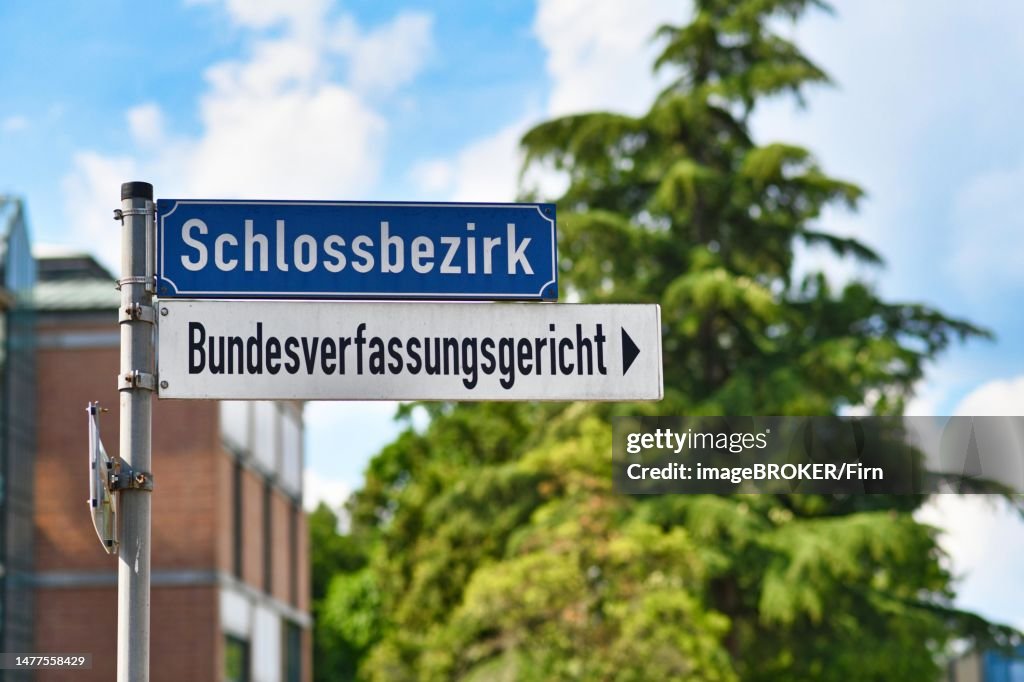 Road sign of Federal Constitutional Court in Germany called Bundesverfassungsgericht in Karlsruhe, Germany