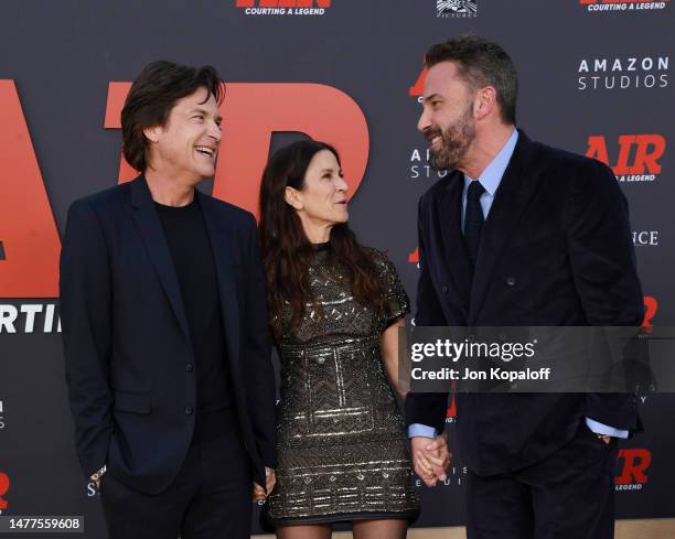 Jason Bateman, Ben Affleck and Amanda Anka attend Amazon Studios' World Premiere Of "AIR" at Regency Village Theatre on March 27, 2023 in Los...