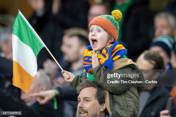 March 27: A young Irish fan reacts during the Republic of Ireland V France, 2024 European Championship Qualifying, Group B match at Aviva Stadium on...