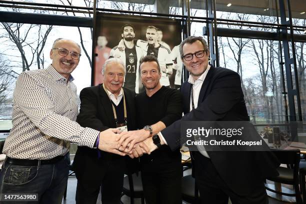 Juergen Kohler, Wolfgang Tobien of DFB, Lothar Matthaeus and Michael Kirchner, director events & operations of DFB pose during the Club Of Former...