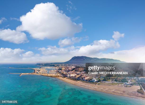 denia aerial skyline in mediterranean alicante of spain drone in costa blanca - denia stock pictures, royalty-free photos & images