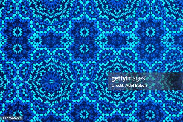 full frame shot of blue toned mosaic wall (morocco, marakesh) - africa pattern stock pictures, royalty-free photos & images