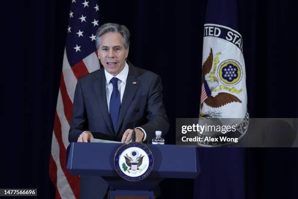 Secretary of State Antony Blinken delivers remarks during “The Status of Women is the Status of Democracy” event, as part of the 2023 Summit for...