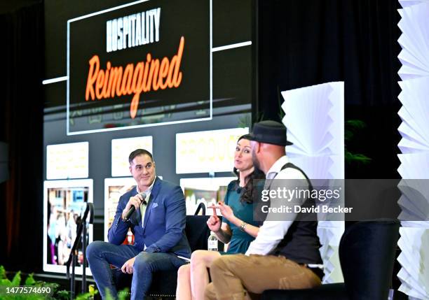 Art Sutley, Mia Mastroianni, and Phil Wills speak onstage during the 2023 Bar & Restaurant Expo and World Tea Expo at the Las Vegas Convention Center...