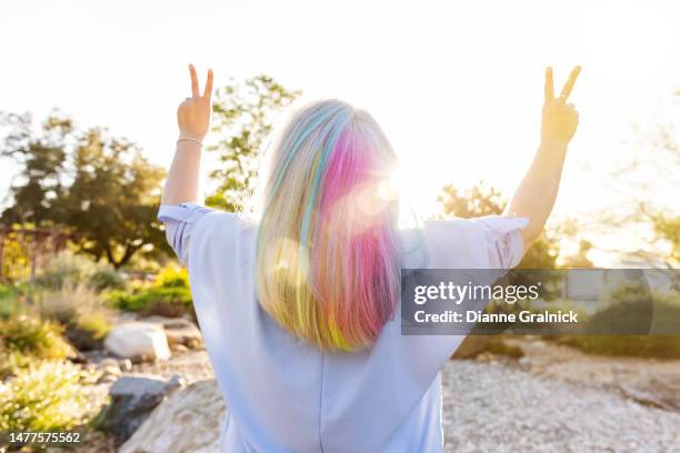 rear view of woman with rainbow hair - hair coloring stock pictures, royalty-free photos & images