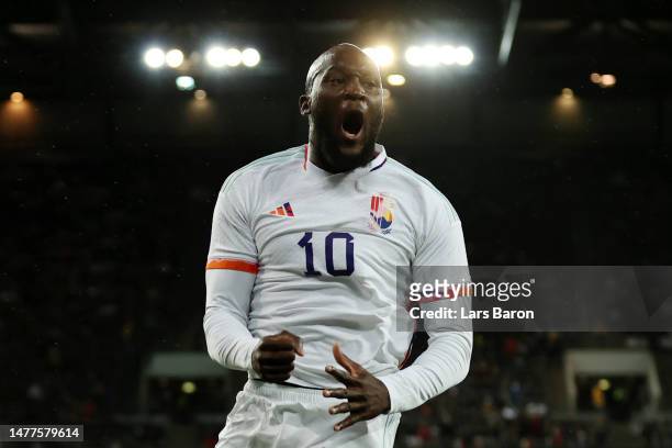 Romelu Lukaku of Belgium celebrates after scoring the team's second goal during the international friendly match between Germany and Belgium at...