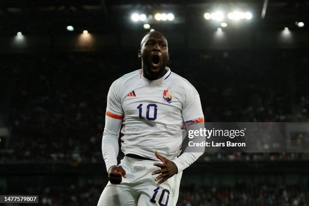 Romelu Lukaku of Belgium celebrates after scoring the team's second goal during the international friendly match between Germany and Belgium at...