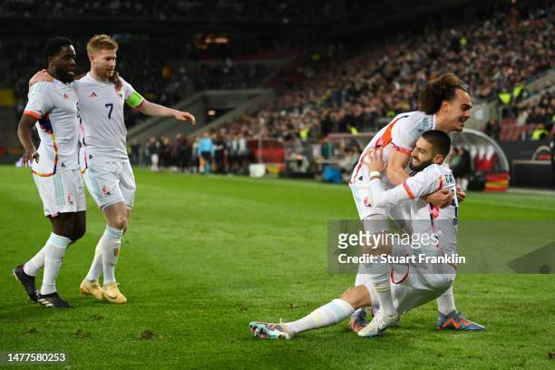 Yannick Carrasco of Belgium celebrates after scoring the team's first goal during the international friendly match between Germany and Belgium at...