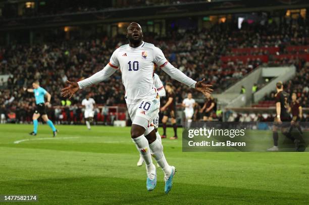 Romelu Lukaku of Belgium celebrates after scoring the team's second goal during the international friendly match between Germany and Belgium at...