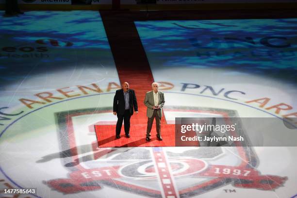 Skip Cunningham, previous Equipment Manager, and Chuck Kaiton previous Broadcast Play by Play during are recognized prior to the first period of the...