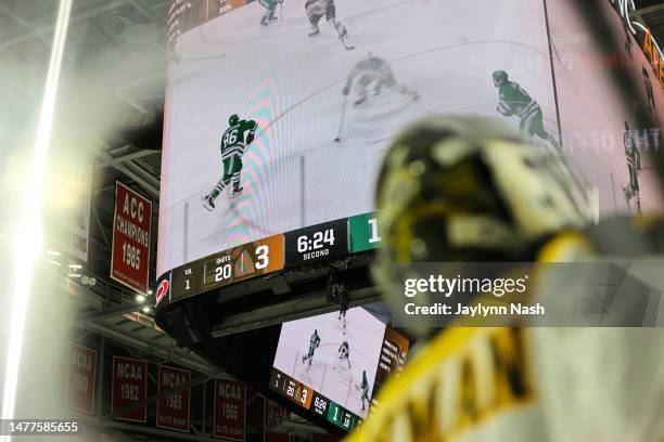 Jeremy Swayman of the Boston Bruins looks on during the second period of the game against the Carolina Hurricanes at PNC Arena on March 26, 2023 in...