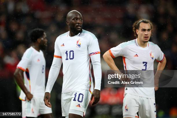 Romelu Lukaku of Belgium reacts during the international friendly match between Germany and Belgium at RheinEnergieStadion on March 28, 2023 in...