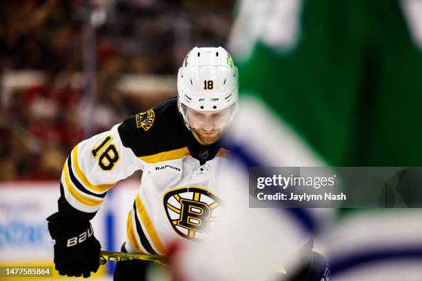 Pavel Zacha of the Boston Bruins looks down during the third period of the game against the Carolina Hurricanes at PNC Arena on March 26, 2023 in...