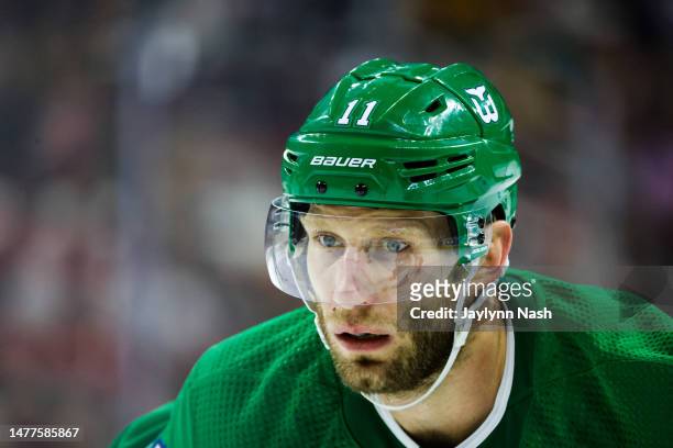 Jordan Staal of the Carolina Hurricanes looks on during the third period of the game against the Boston Bruins at PNC Arena on March 26, 2023 in...