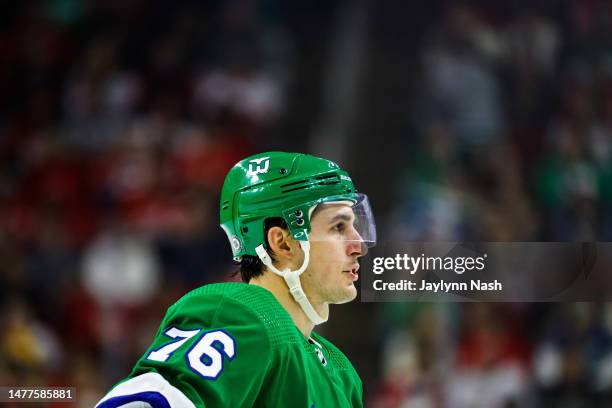 Brady Skjei of the Carolina Hurricanes looks on during the third period of the game against the Boston Bruins at PNC Arena on March 26, 2023 in...