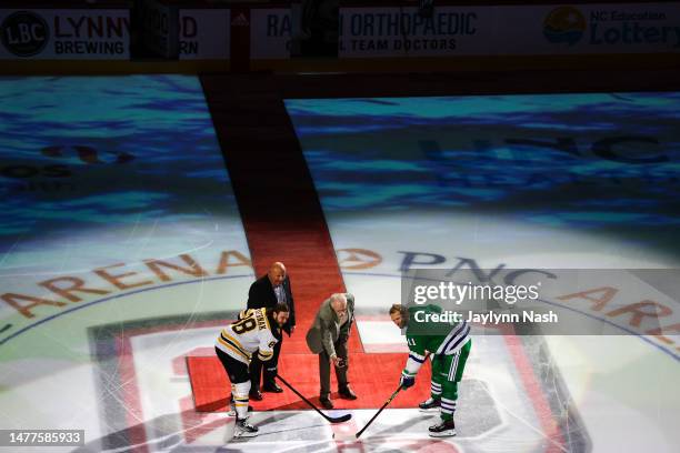 Skip Cunningham, previous Equipment Manager, and Chuck Kaiton previous Broadcast Play by Play during are recognized prior to the first period of the...