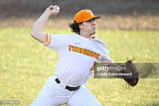 Chase Dollander of the Tennessee Volunteers pitches against the Texas A&M Aggies in the second inning at Lindsey Nelson Stadium on March 24, 2023 in...