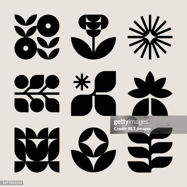 ilustraciones, imágenes clip art, dibujos animados e iconos de stock de iconos botánicos modernos de mediados de siglo - flower shape