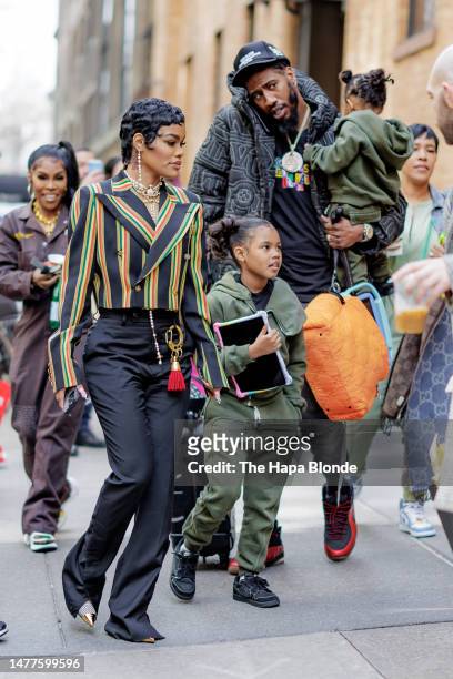 Teyana Taylor, Iman Tayla Shumpert Jr., Iman Shumpert and Rue Rose Shumpert are seen on the Upper West Side on March 28, 2023 in New York City.