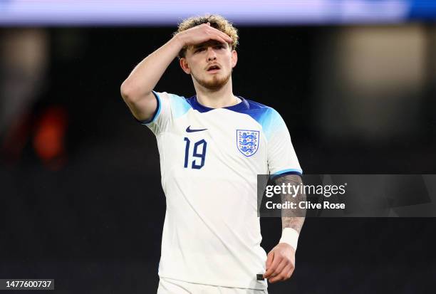 Harvey Elliott of England reacts during the International Friendly match between England U21s and Croatia U21s at Craven Cottage on March 28, 2023 in...