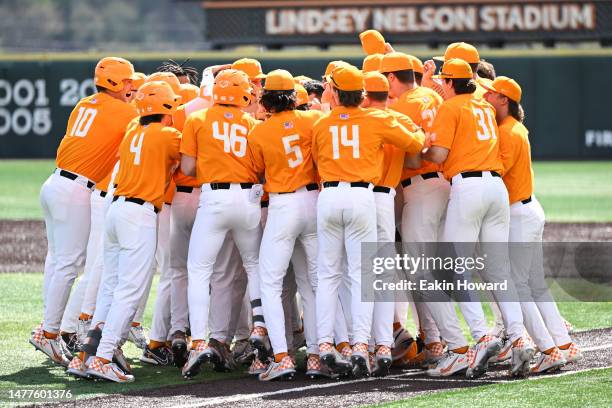 The Tennessee Volunteers celebrate their win over the Texas A&M Aggies at Lindsey Nelson Stadium on March 25, 2023 in Knoxville, Tennessee.