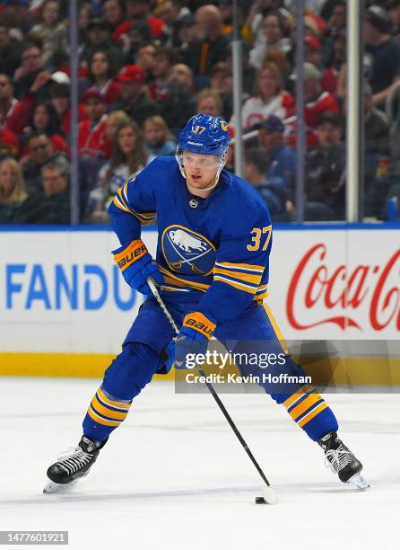 Casey Mittelstadt of the Buffalo Sabres during the game against the Montreal Canadiens at KeyBank Center on March 27, 2023 in Buffalo, New York.