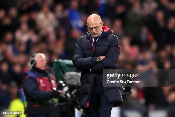 Luis de la Fuente, Head Coach of Spain, looks dejected during the UEFA EURO 2024 qualifying round group A match between Scotland and Spain at Hampden...