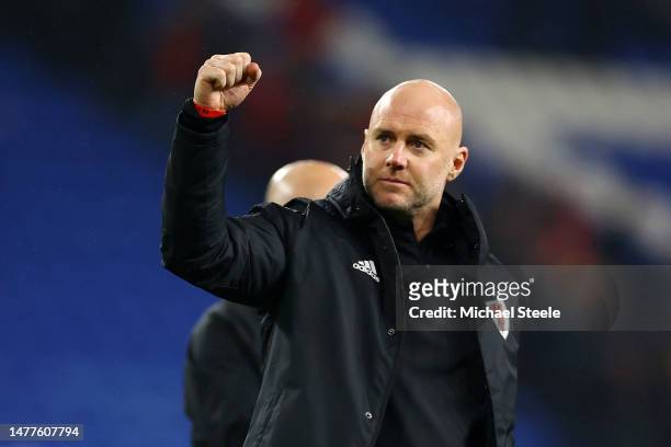 Rob Page, Head Coach of Wales, acknowledges the fans after the team's victory during the UEFA EURO 2024 qualifying round group D match between Wales...