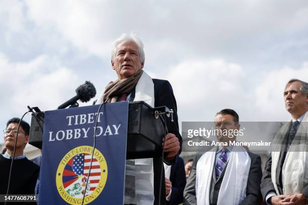 Actor Richard Gere speaks at a bipartisan press conference on Tibetan Rights outside the U.S. Capitol Building on March 28, 2023 in Washington, DC....