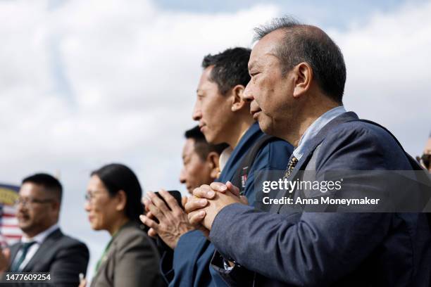 Activists listen as actor Richard Gere speaks at a bipartisan press conference on Tibetan Rights outside the U.S. Capitol Building on March 28, 2023...