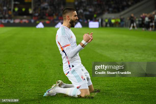 Yannick Carrasco of Belgium celebrates after scoring the team's first goal during the international friendly match between Germany and Belgium at...