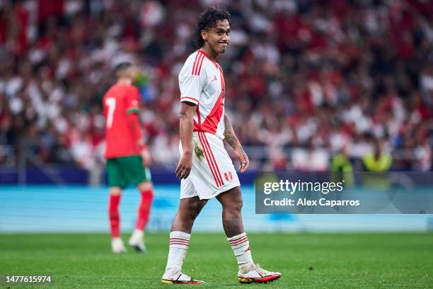 Renato Tapia of Peru looks on during the international friendly game between Morocco and Peru at Civitas Metropolitan Stadium on March 28, 2023 in...