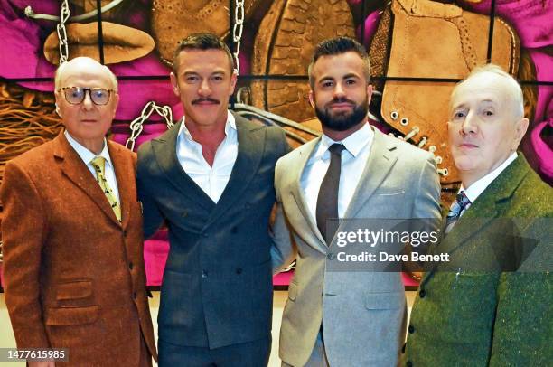 George Passmore, Luke Evans, Fran Tomas and Gilbert Proesch attend a VIP preview of The Gilbert & George Centre on March 28, 2023 in London, England.