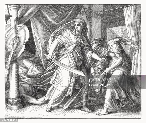 illustrations, cliparts, dessins animés et icônes de judith décapite holopherne (livre de judith), gravure sur bois, publiée en 1860 - holopherne