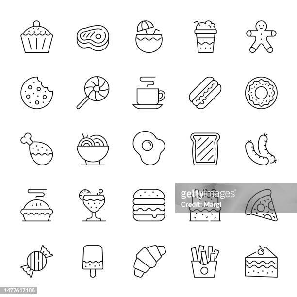 line icon set of snacks - chicken pie stock illustrations