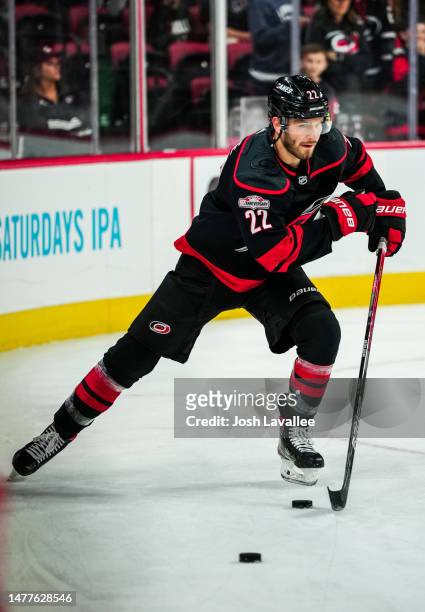 Brett Pesce of the Carolina Hurricanes warms up prior to a game against the Tampa Bay Lightning at PNC Arena on March 28, 2023 in Raleigh, North...